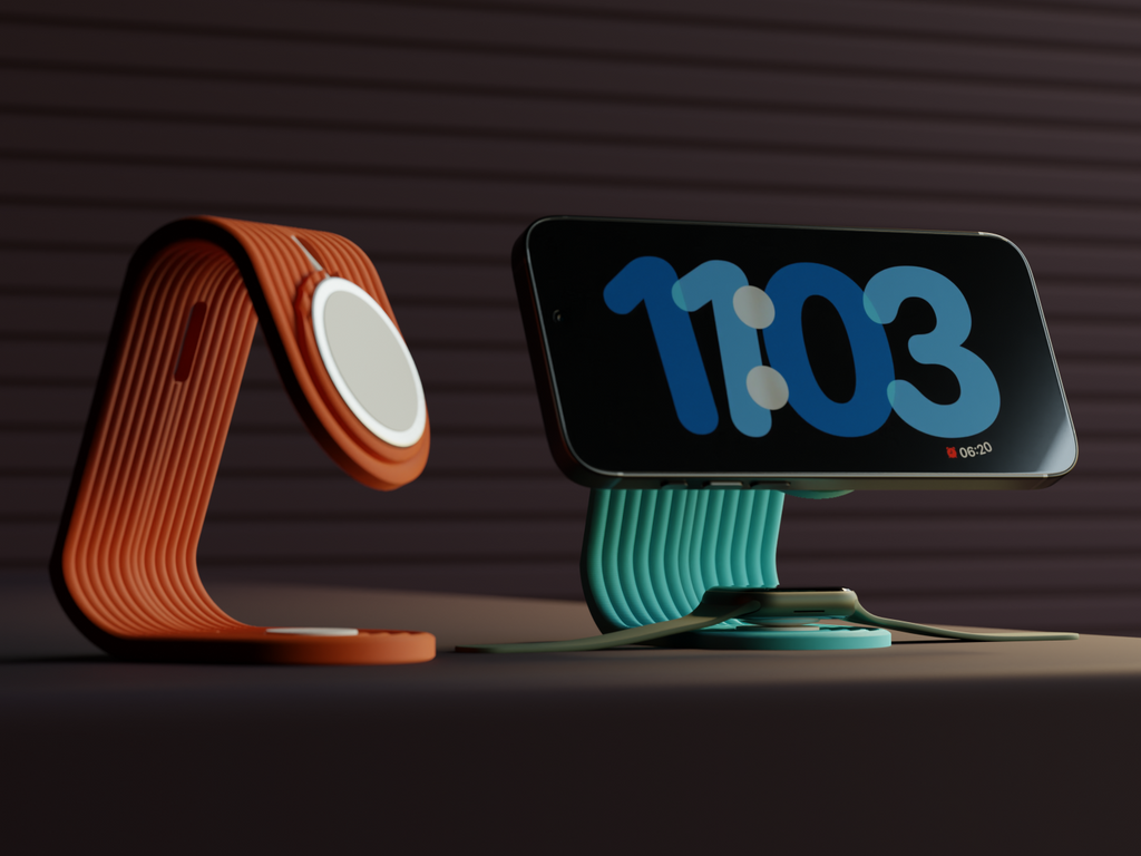 iPhone and Apple Watch Charging Stand. — Originaldesign im Einsatz, Abstractia Design. Weitere Beispielfarben/Größen; bestellbare Auswahl und Lieferumfang laut Produktseite.