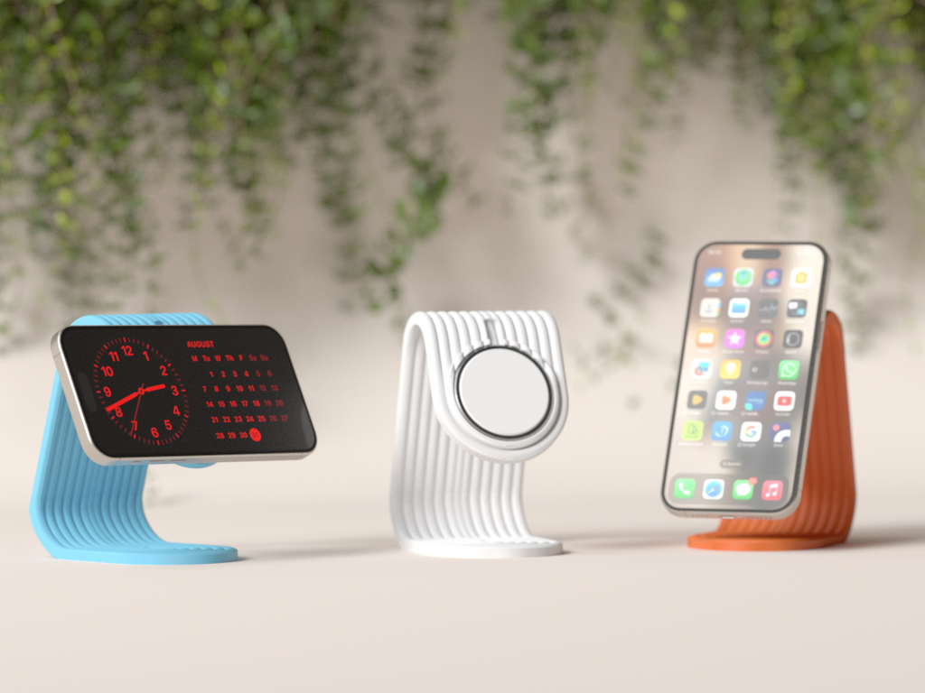 iPhone Charging Stand. — Originaldesign im Einsatz, Abstractia Design. Weitere Beispielfarben/Größen; bestellbare Auswahl und Lieferumfang laut Produktseite.