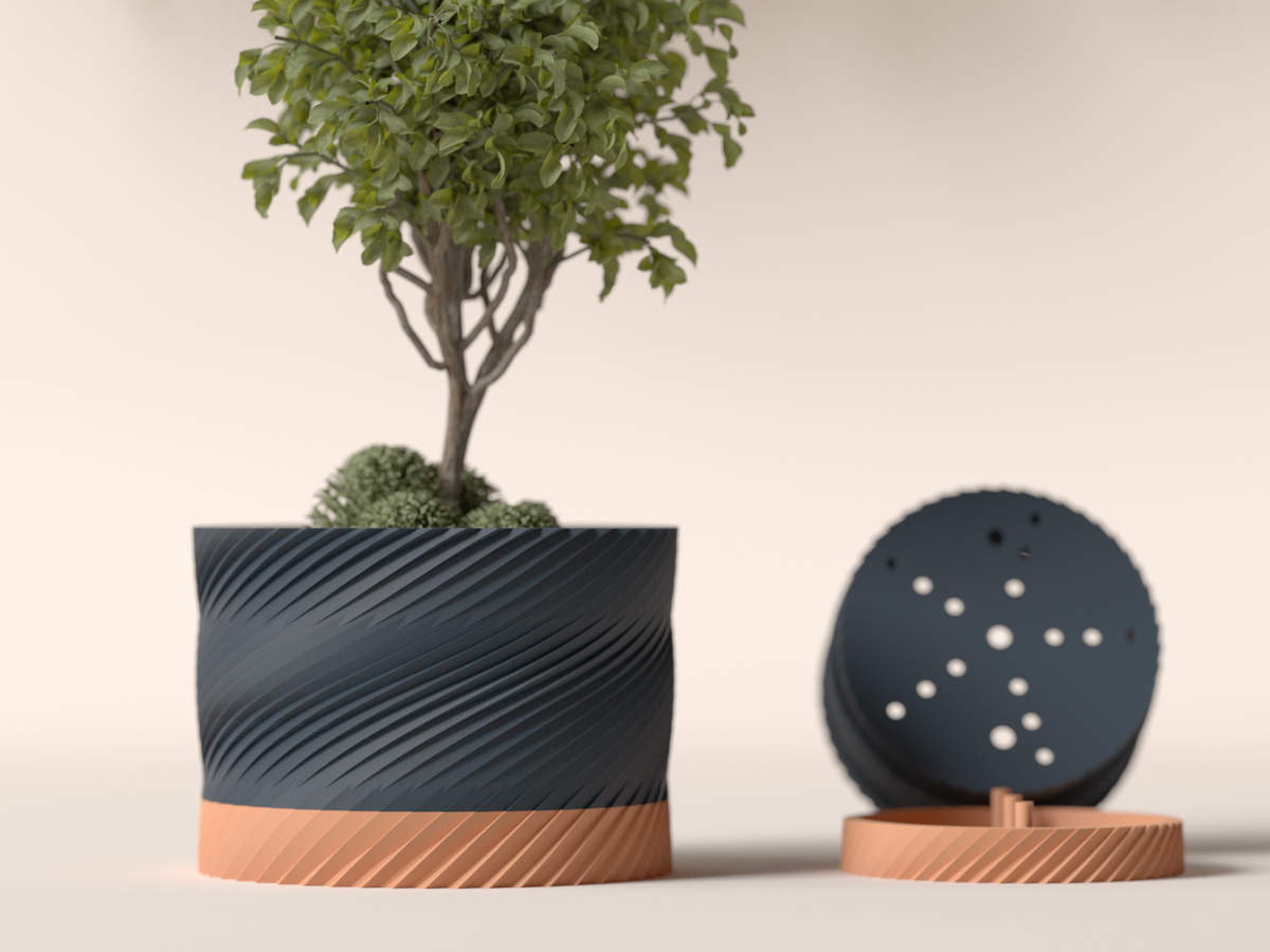 Planter with Drip Tray. Spiral Planter — Originaldesign im Einsatz, Abstractia Design. Weitere Beispielfarben/Größen; bestellbare Auswahl und Lieferumfang laut Produktseite.
