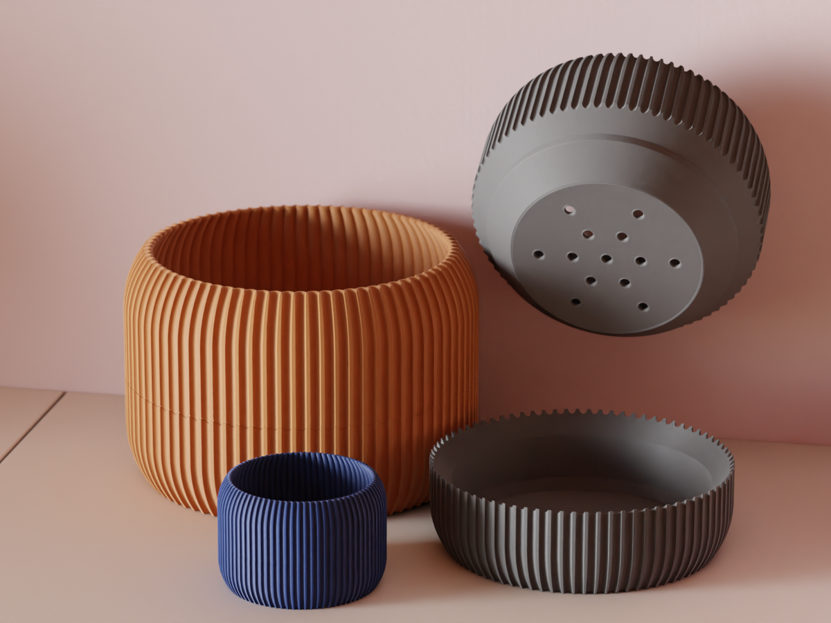 Modern Ribbed Plant Pot With Drainage Drip Tray. — Originaldesign im Einsatz, Abstractia Design. Weitere Beispielfarben/Größen; bestellbare Auswahl und Lieferumfang laut Produktseite.