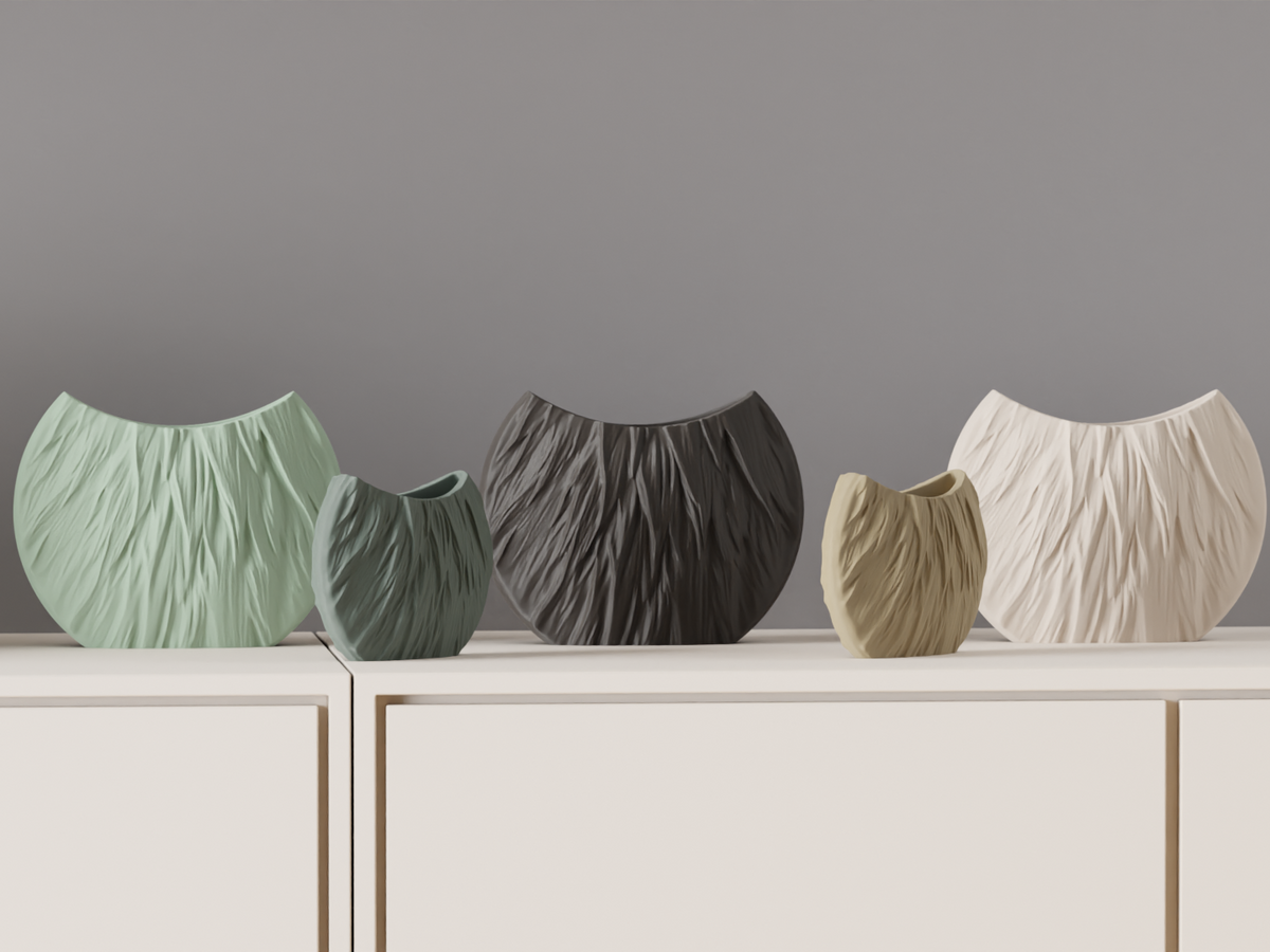 Modern Circular Vase. Fur Style Texture vase. — Originaldesign im Einsatz, Abstractia Design. Weitere Beispielfarben/Größen; bestellbare Auswahl und Lieferumfang laut Produktseite.